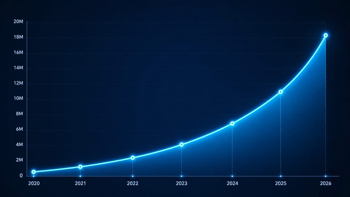 17c com用户增长数据图表,展示2020-2026年注册用户从50万增长至1800万的趋势